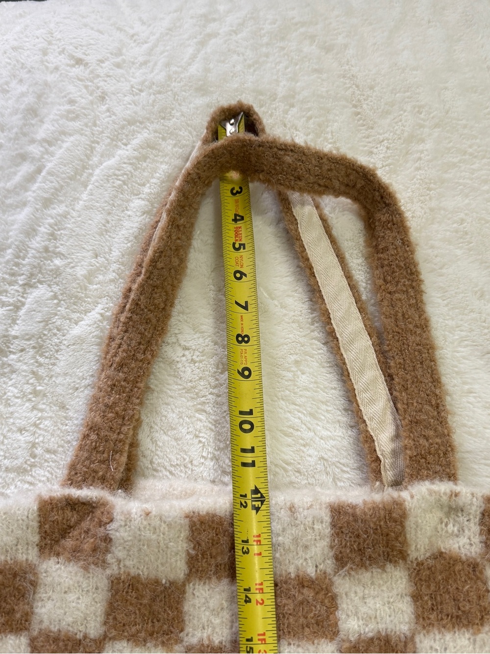 Free People Cozy Checkered Knit Tote Bag | Soft Fuzzy Neutral Bookbag Market - Picture 6 of 11